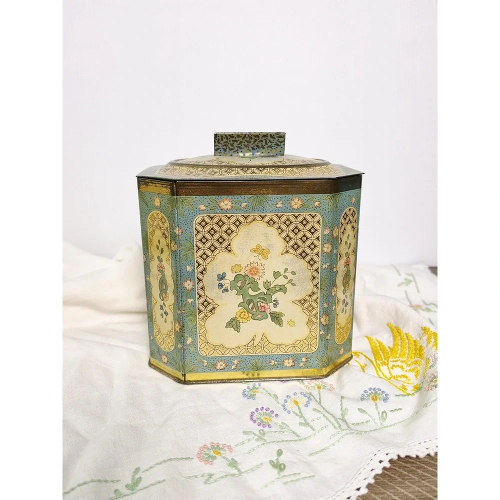 Vintage Baret Ware Floral Biscuit Tin, Gold and Teal Stash Box